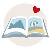 Ilustración de un álbum de fotos abierto con un corazón rojo.