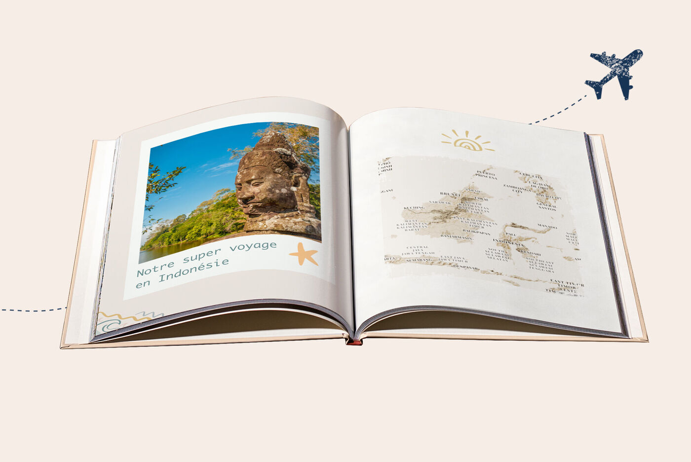 Álbum de fotos abierto sobre un fondo claro, mostrando fotos y un mapa de un viaje a Indonesia, con una ilustración de un avión volando