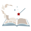 Un libro abierto con elementos mágicos como estrellas y una varita mágica que da vida a las historias.