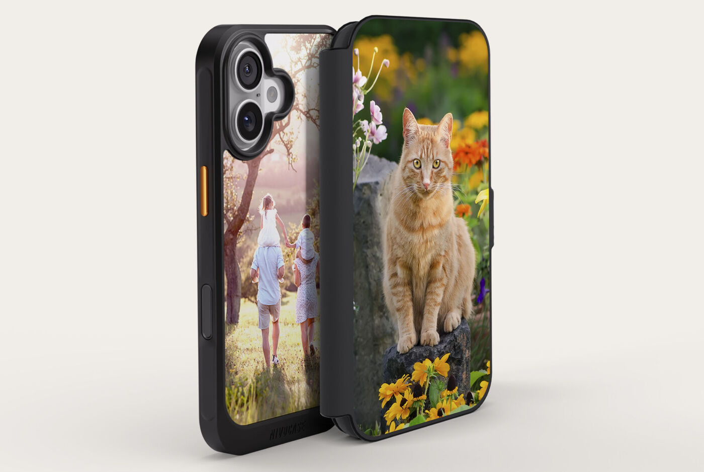Funda desplegable tipo libro personalizada para teléfono, con la foto de una familia caminando y la foto de un gato